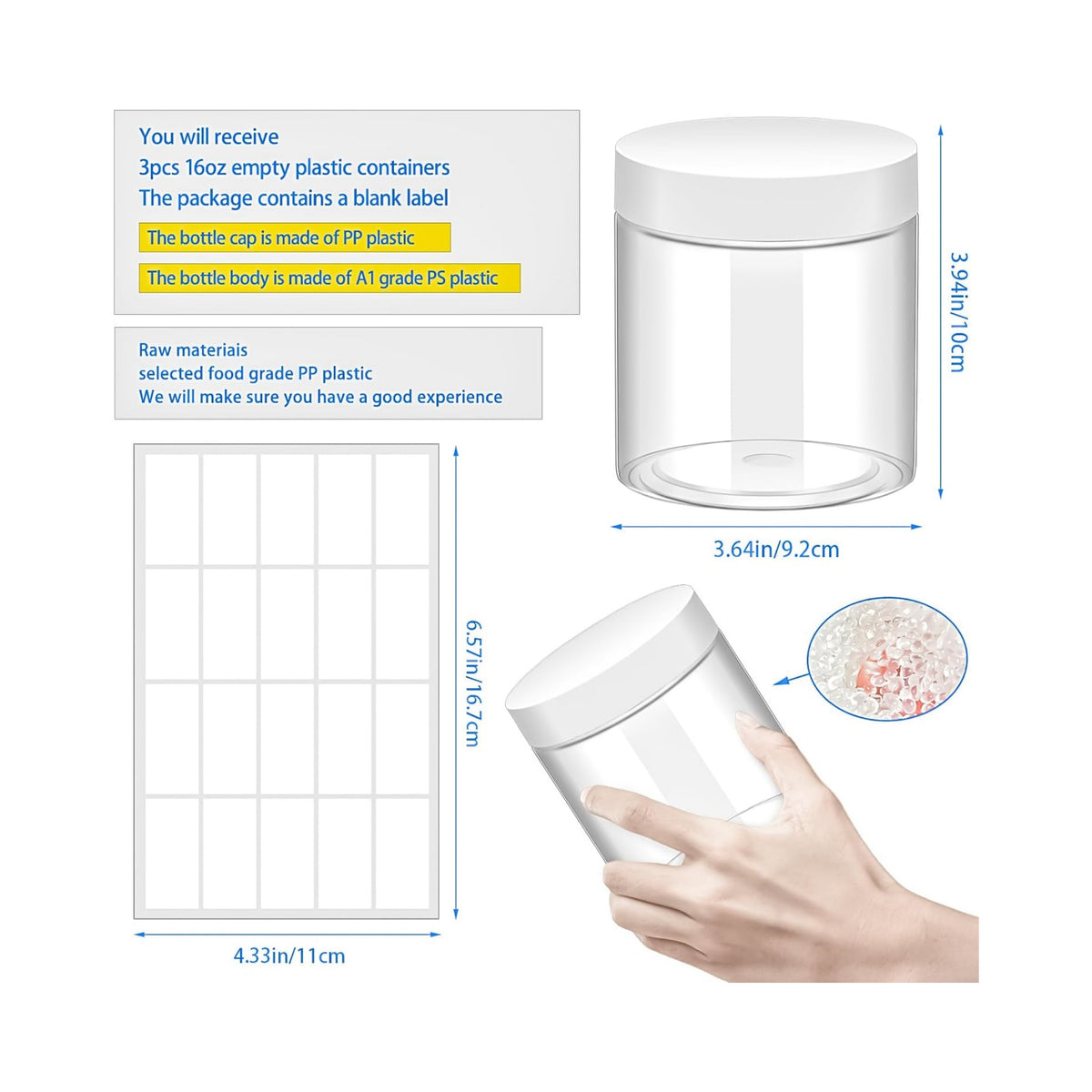 3 Pack 16oz Plastic Jars with Lids